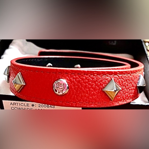 MCM Rockstar Dual Choker Necklace & Double Wrap Bracelet Red Leather Double Snap - Picture 10 of 14